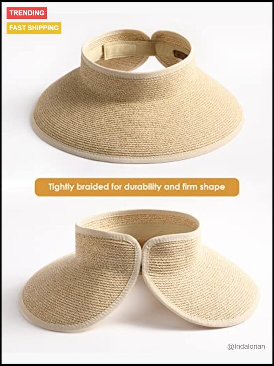 Wide Brim Beach Hat Straw Visor Ponytail Summer UV Packable Foldable Sun